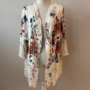 Solitaire Floral Lace Trim Embroidered Kimono Cardigan Boho Beachy NWT Size 1X